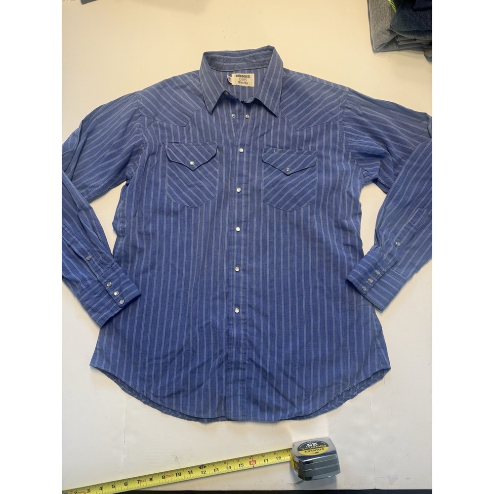 Vintage Ruddock Western Shirt Mens L Blue Stripe Pearl Snap USA Made Cowboy